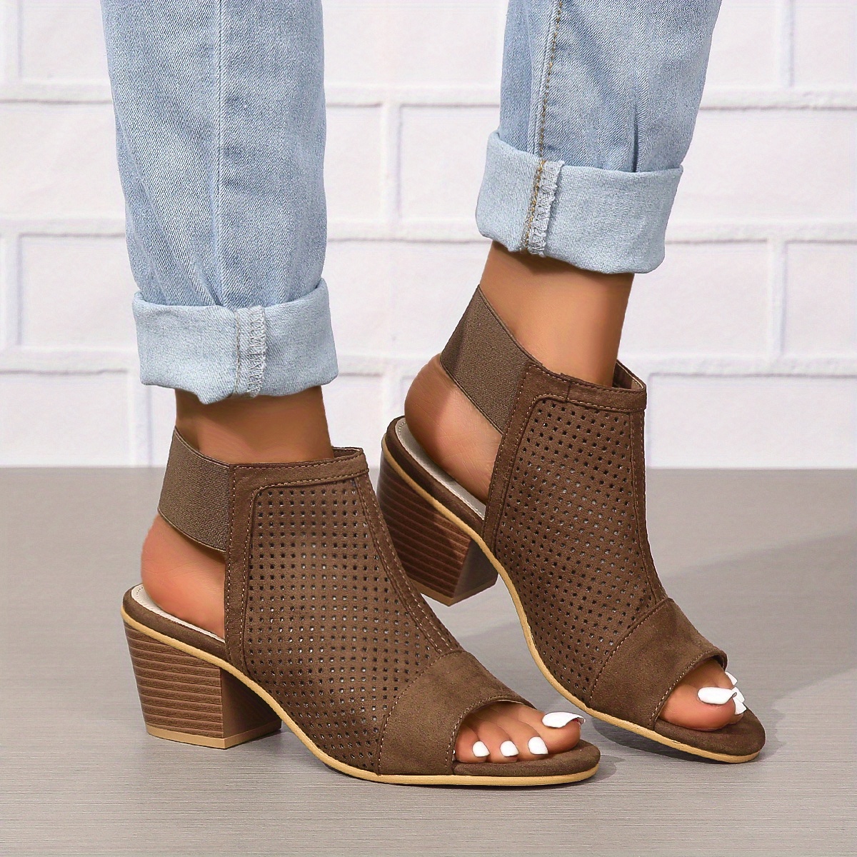 womens chunky heeled sandals retro perforated peep toe elastic strap slingback shoes solid color slip on sandals details 0