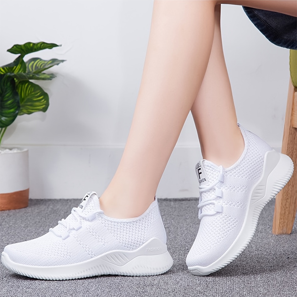 womens solid color knitted sneakers lace up breathable platform comfy sporty trainers versatile low top running shoes details 1