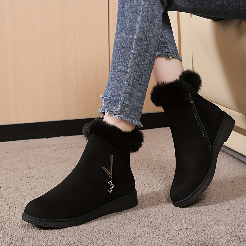 womens solid color fluffy boots side zipper thermal lined platform warm shoes winter plush snow ankle shoes details 1