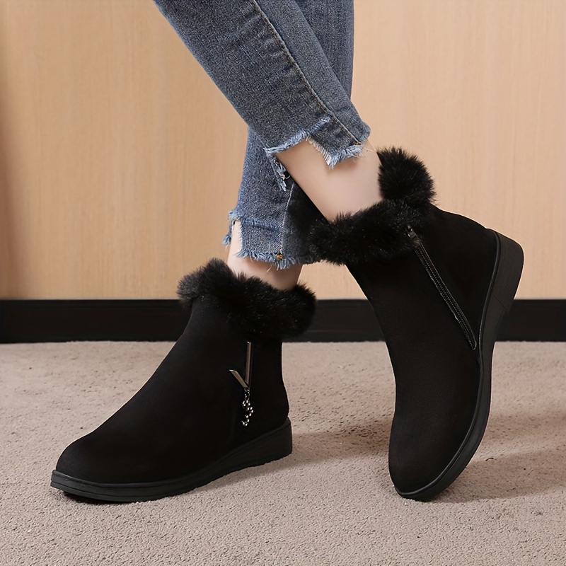 womens solid color fluffy boots side zipper thermal lined platform warm shoes winter plush snow ankle shoes details 2