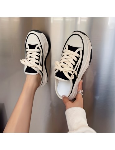 Women's Platform Canvas Shoes, Casual Lace Up Mule Sneakers, Versatile & All-Match Outdoor Shoes
