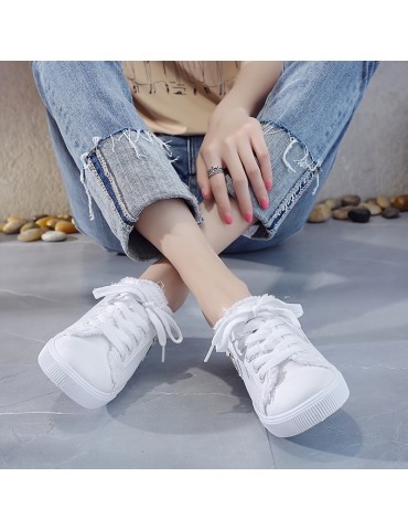 Women's Solid Canvas Slippers, Platform Round Toe All-match Lace Up Breathable Slip On Shoes, Women's Footwear