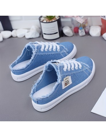 Women's Solid Color Canvas Shoes, Slip On Lace Up Round Toe Non-slip Half Drag Casual Slides Shoes, Comfy Outdoor Shoes