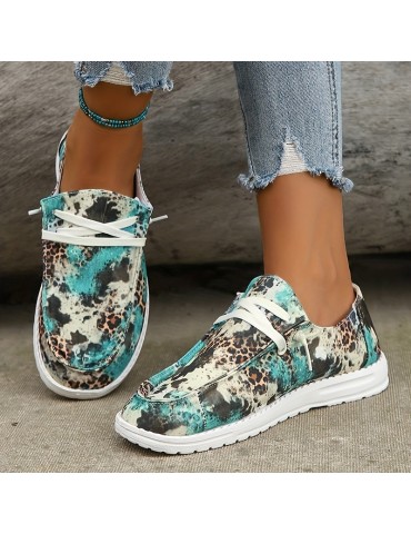 Women's Leopard Pattern Flat Loafers, Slip On Low-top Round Toe Lightweight Canvas Shoes, Casual Outdoor Shoes