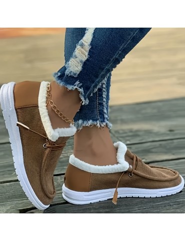 Women's Solid Color Lined Shoes, Slip On Fluffy Warm Flat Non-slip Canvas Shoes, Plush Winter Comfy Shoes