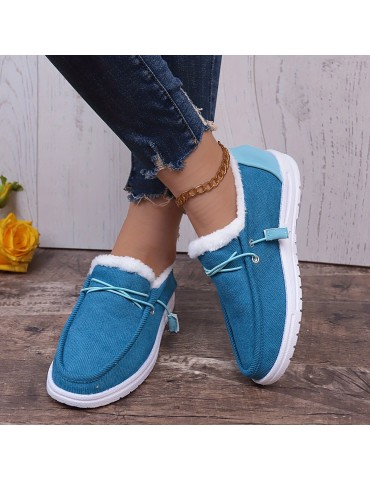 Women's Solid Color Lined Shoes, Slip On Fluffy Warm Flat Non-slip Canvas Shoes, Plush Winter Comfy Shoes