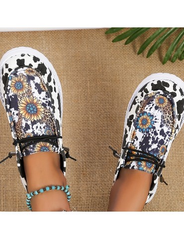 Women's Sunflower Print Canvas Shoes, Lightweight Low Top Lace Up Shoes, Women's Fashion Walking Shoes