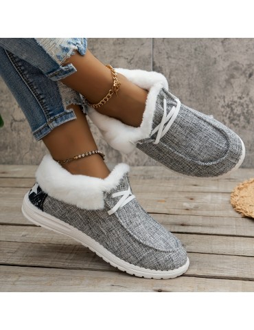 Women's Fluffy Fleece Lined Canvas Shoes, Thermal Slip On Low Top Shoes, Winter Warm Flat Shoes
