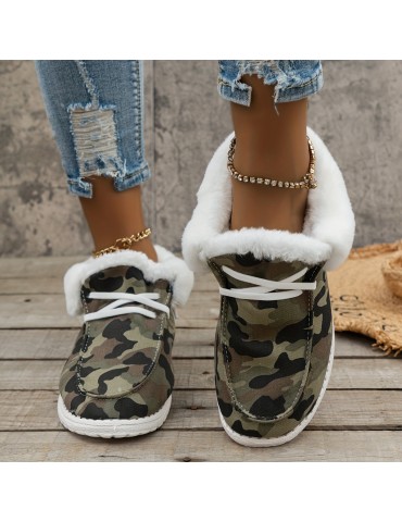 Women's Fluffy Fleece Lined Canvas Shoes, Thermal Slip On Low Top Shoes, Winter Warm Flat Shoes