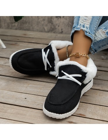 Women's Fluffy Fleece Lined Canvas Shoes, Thermal Slip On Low Top Shoes, Winter Warm Flat Shoes