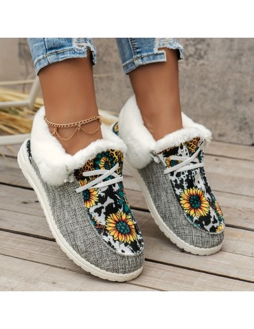 Women's Fluffy Fleece Lined Canvas Shoes, Thermal Slip On Low Top Shoes, Winter Warm Flat Shoes