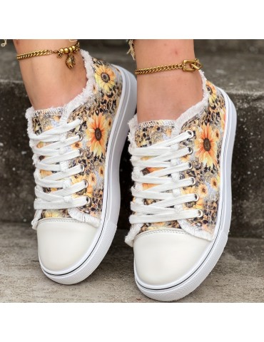 Women's Sunflower Print Canvas Shoes, Casual Lace Up Outdoor Shoes, Lightweight Low Top Walking Shoes
