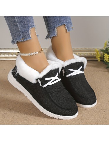 Women's Plush Lined Canvas Shoes, Warm & Cozy Slip On Snow Boots, Thermal Winter Ankle Boots
