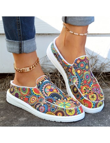 Women's Floral Print Canvas Shoes, Slip-on Round Toe Lightweight Casual Shoes, Women's Comfy Walking Flat Shoes