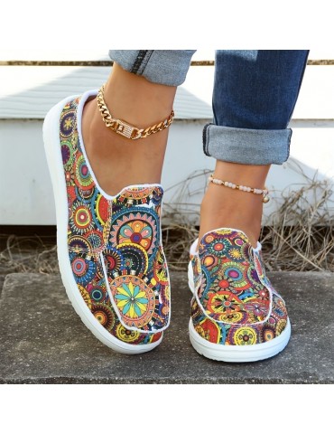 Women's Floral Print Canvas Shoes, Slip-on Round Toe Lightweight Casual Shoes, Women's Comfy Walking Flat Shoes
