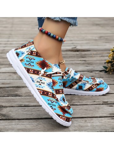 Women's Geometric Pattern Canvas Shoes, Casual Lace Up Outdoor Shoes, Lightweight Low Top Sneakers