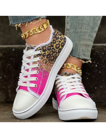 Women's Leopard Print Canvas Shoes, Casual Glitter Sequins Decor Lace Up Shoes, Lightweight Low Top Sneakers
