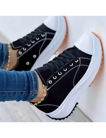 Women's Solid Color Casual Sneakers, Lace Up Platform Soft Sole Sporty Trainers, Breathable Low-top Skate Shoes