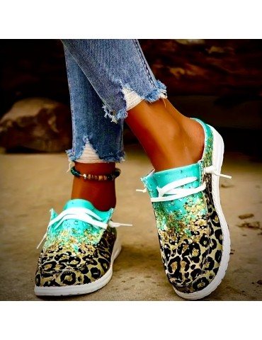 Women's Leopard Print Canvas Shoes, Fashion Round Toe Low Top Slip On Loafers, Casual Flat Sneakers