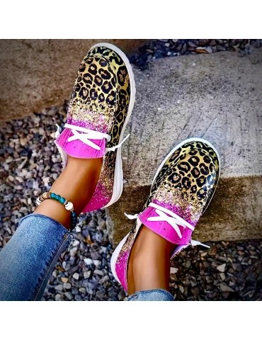 Women's Leopard Print Canvas Shoes, Fashion Round Toe Low Top Slip On Loafers, Casual Flat Sneakers