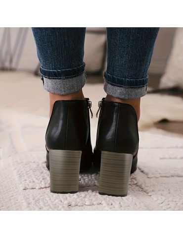 Women's Side Cut-out Block Heel Sandals, Peep Toe Side Zipper Stacked Heel Shoes, Fashionable High Heels