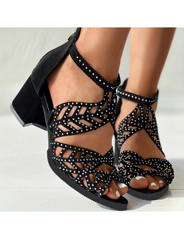 Women's Boho Hollow Out Block Heels, Peep Toe Back Zipper Low Heel Sandals, Fashion Dress Heels