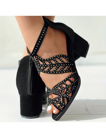 Women's Boho Hollow Out Block Heels, Peep Toe Back Zipper Low Heel Sandals, Fashion Dress Heels