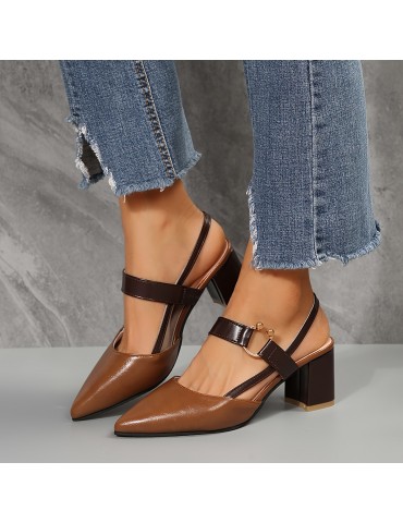 Women's Chunky Heeled Sandals, Two Tone Pointed Toe Slip On Mid Heels, All-Match Slingback Sandals