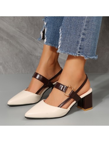 Women's Chunky Heeled Sandals, Two Tone Pointed Toe Slip On Mid Heels, All-Match Slingback Sandals