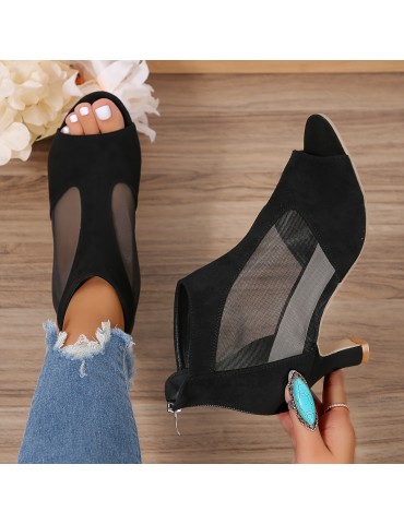 Women's Breathable Mesh Chunky Heel Sandals, Fashion Open Toe Dress Pumps, Stylish Back Zipper Sandals
