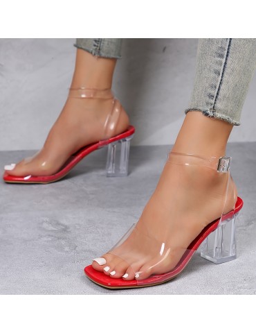 Women's Chunky Heel Sandals, Casual Square Toe Dress Pumps, Fashion Transparent Buckle Strap Heels