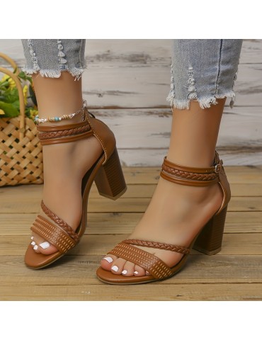 Women's Block Heeled Sandals, Braided Strap Peep Toe Ankle Strap Zipper High Heels, Fashion Stacked Heeled Sandals