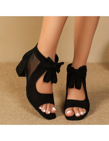 Women's Solid Color Chunky Heel Sandals, Fashion Bowknot Decor Dress Pumps, Stylish Back Zipper Heels