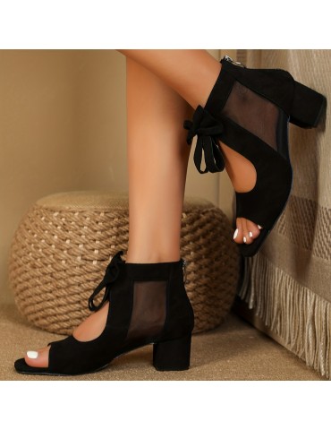 Women's Solid Color Chunky Heel Sandals, Fashion Bowknot Decor Dress Pumps, Stylish Back Zipper Heels