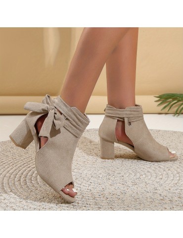 Women's Bowknot Design Sandals, Peep Toe Side Cut Out Solid Color Chunky Heel Shoes, Summer Holiday Dress Shoes