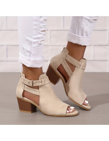 Women's Chunky Heeled Sandals, Peep Toe Solid Color Cut-out Back Zipper Low Heels, Retro Stacked Heeled Sandals