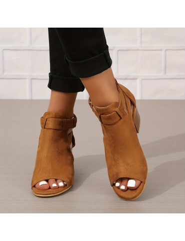 Women's Chunky Heeled Sandals, Peep Toe Solid Color Cut-out Back Zipper Low Heels, Retro Stacked Heeled Sandals