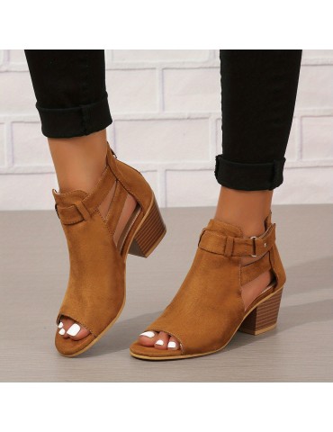 Women's Chunky Heeled Sandals, Peep Toe Solid Color Cut-out Back Zipper Low Heels, Retro Stacked Heeled Sandals