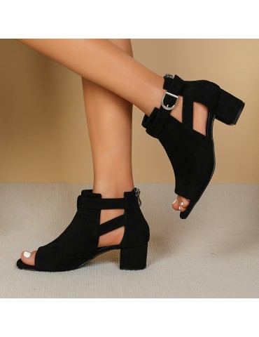 Women's Solid Color Chunky Heel Sandals, Fashion Square Toe Back Zipper Sandals, Comfortable Buckle Strap Summer Shoes