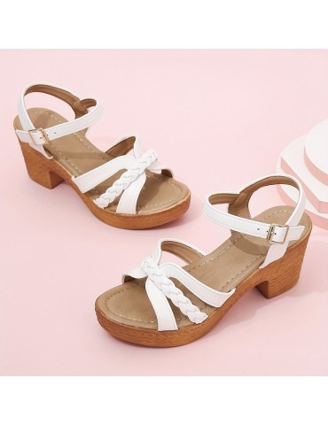 Women's Braided Chunky Heel Sandals, Casual Buckle Strap Summer Shoes, Fashion Dress Pumps