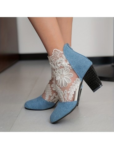 Women's Block Heeled Sandals, Trendy Lace Back Zipper Pumps, Fashion Versatile Dress Heels