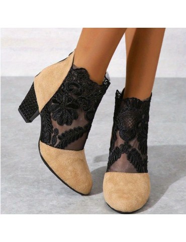 Women's Block Heeled Sandals, Trendy Lace Back Zipper Pumps, Fashion Versatile Dress Heels