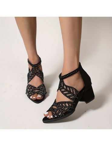 Women's Rhinestone Decor Chunky Heel Sandals, Fashion Hollow Out Design Sandals, Back Zipper Dress Shoes