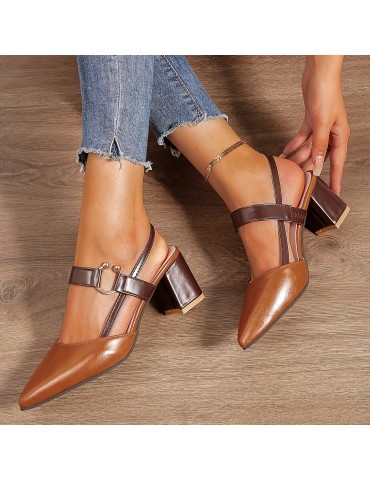 Women's Pointed Toe Block High Heel Sandals, Fashion Solid Color Slingback Shoes, Versatile Mid Heels