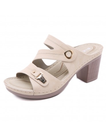 Women's Hollow Out Chunky Heeled Mules, Metal Buckle Seam Strap Open Toe Slip On Sandals, Women's Footwear