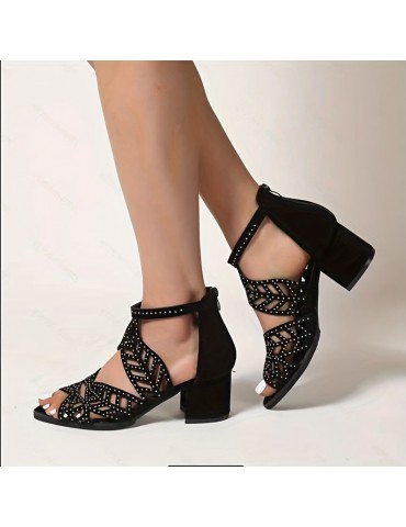 Women's Chunky Heeled Sandals, Peep Toe Rhinestone Decor Back Zipper Mid Heels, Fashion Dress Shoes