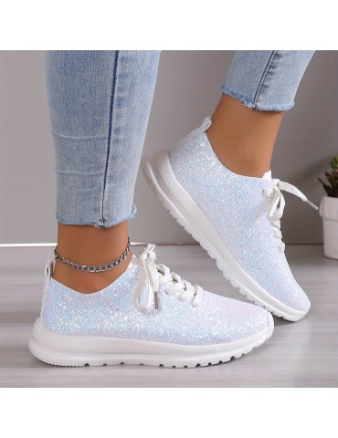 Women's Glitter Sequins Decor Sneakers, Casual Lace Up Outdoor Shoes, Lightweight Low Top Walking Shoes