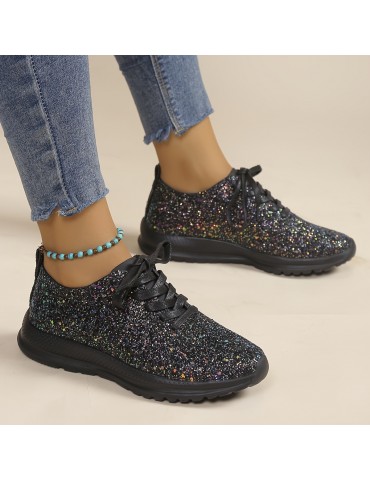 Women's Glitter Sequins Decor Sneakers, Casual Lace Up Outdoor Shoes, Lightweight Low Top Walking Shoes