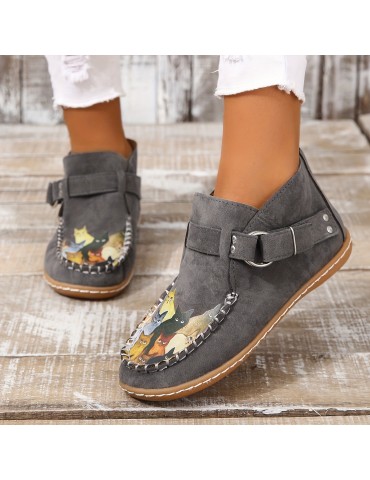 Women's Cute Cat Pattern Ankle Boots, Retro Round Toe Buckle Slip On Shoes, Comfortable Low Top Shoes