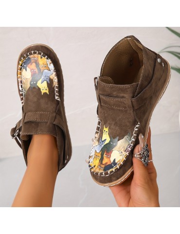 Women's Cute Cat Pattern Ankle Boots, Retro Round Toe Buckle Slip On Shoes, Comfortable Low Top Shoes